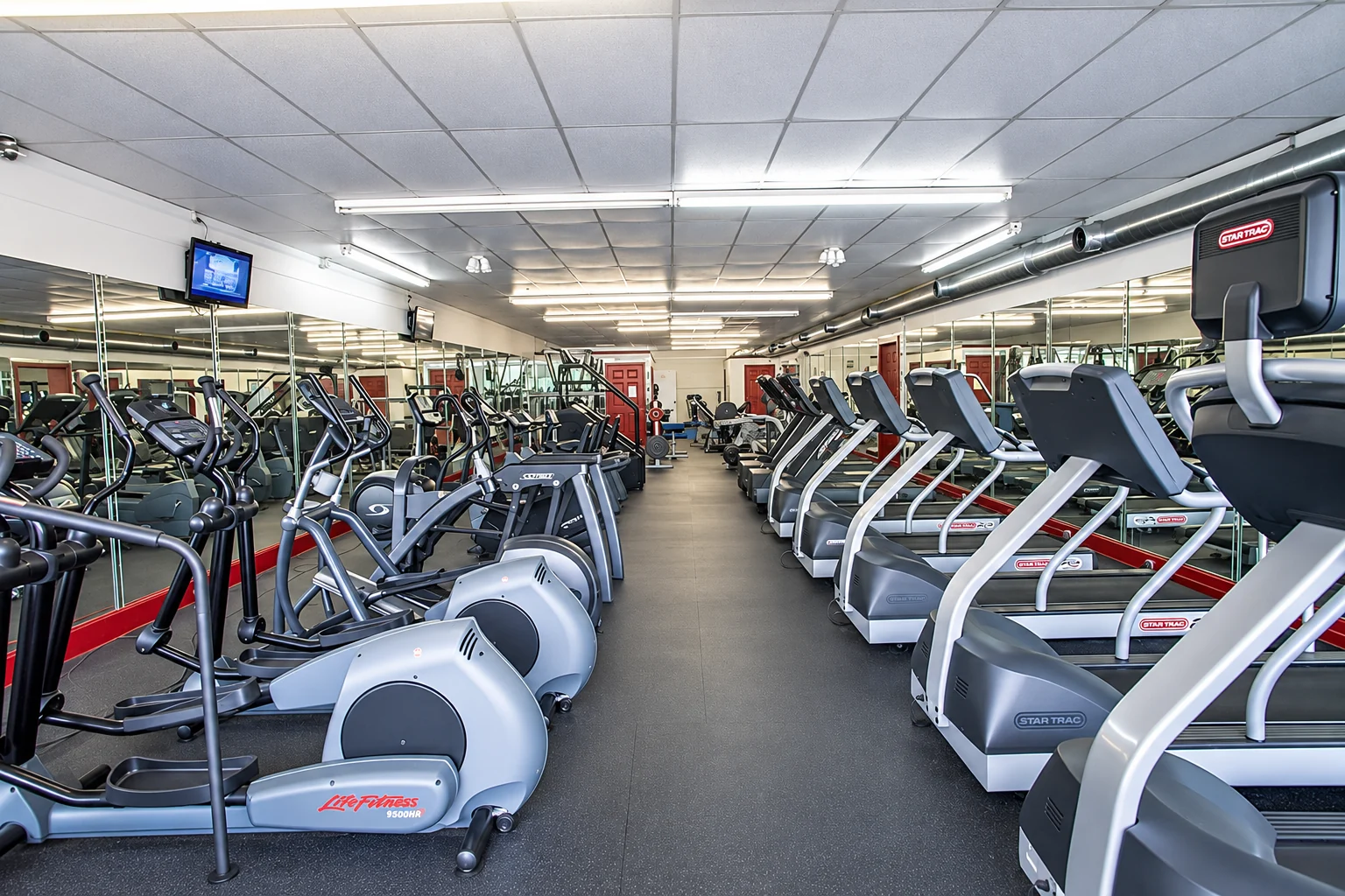 Rows of treadmills and ellipticals in the mirrored cardio room