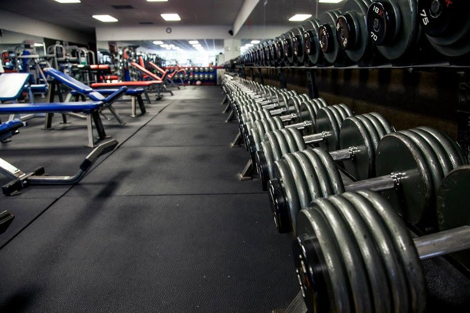 Rows of dumbbells with weight benches in the Body Visions Gym free-weight area
